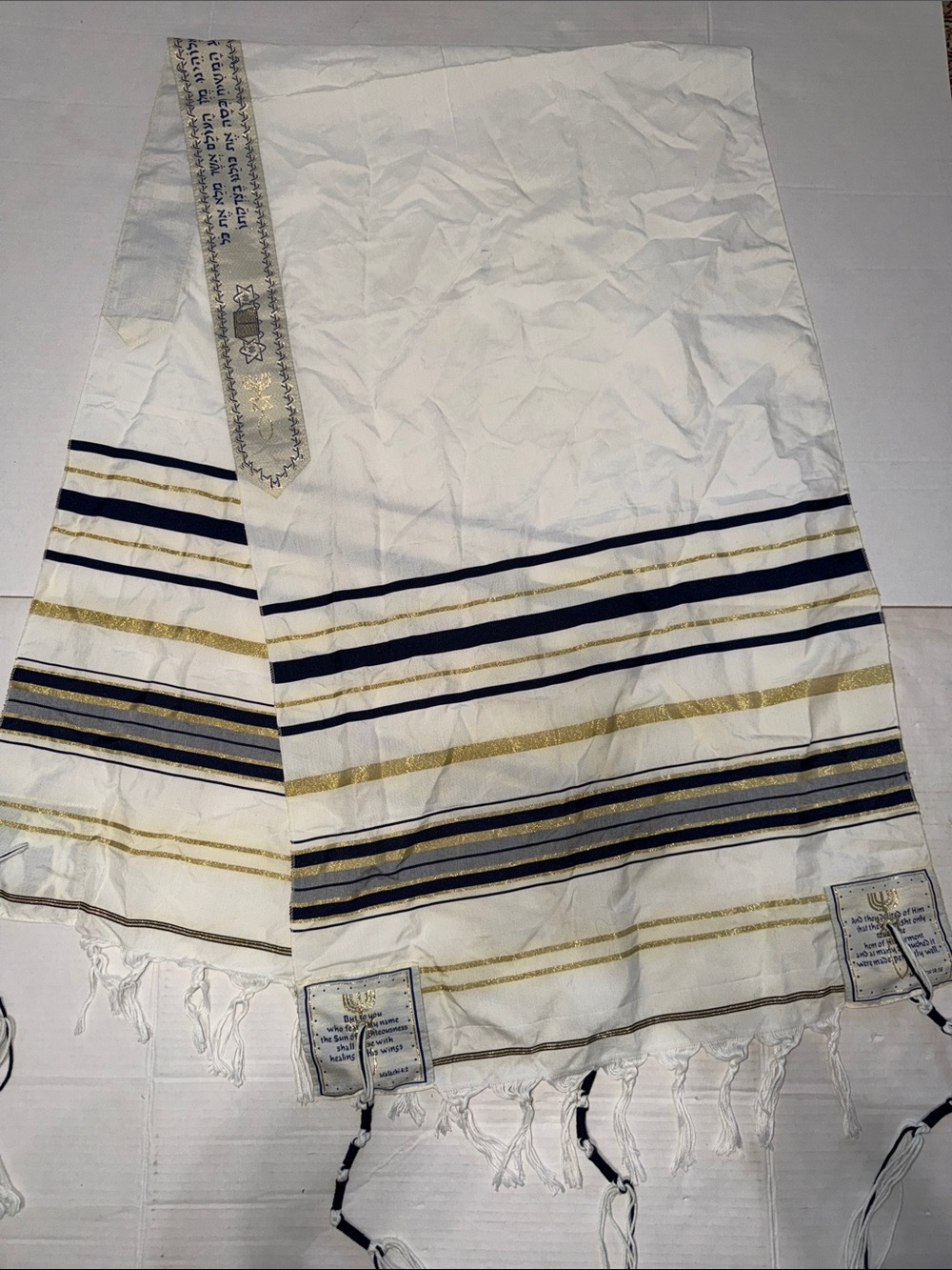 Jewish White/Navy/Gold Prayer Shawl Messianic Tallit
